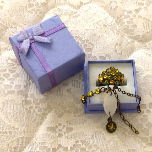 VTG NWOT Girls Women’s Orange Green Rhinestone Adjustable Vintage Copper Ring - Picture 6 of 11